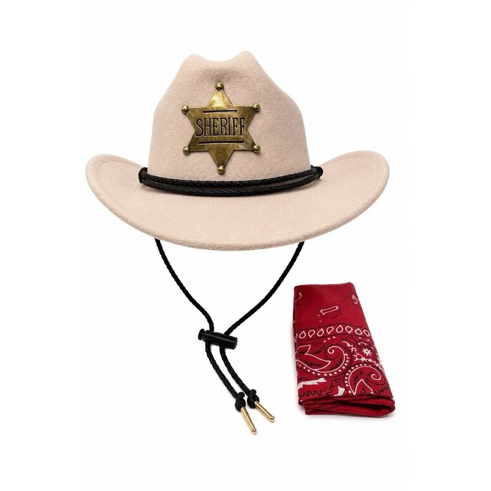 New Small Child Halloween Felt Sheriff Cowboy Hat w Gold Metal Tipped Chin Strap